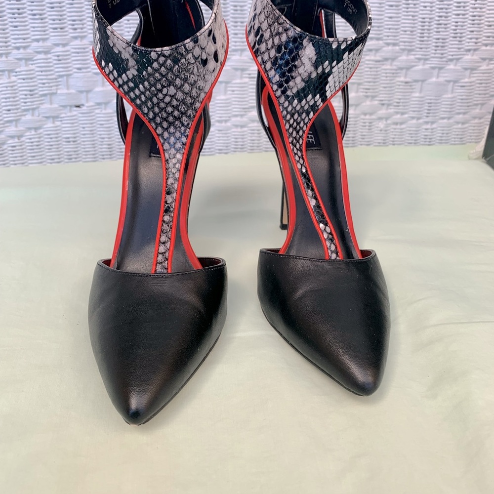 Sophia & Lee Leather T Strap Heel with Snakeskin Print